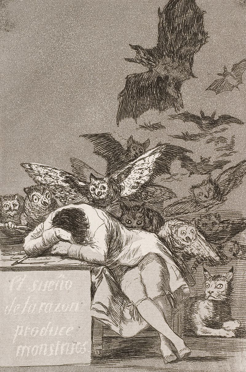 Il sonno della ragione genera mostri di Francisco Goya, Biblioteca Nacional de Espana, Madrid (Pubblico dominio)
